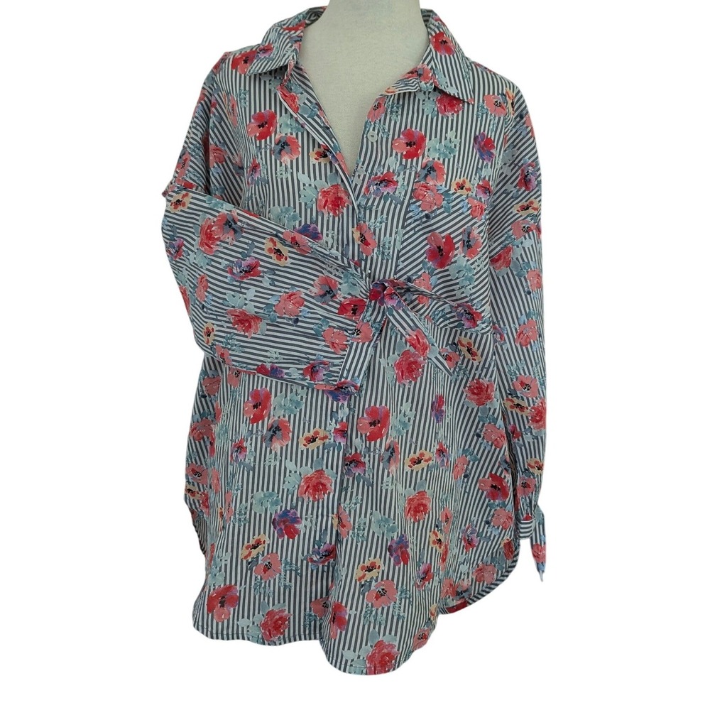 Sanctuary Button Down Shirt Women M Grey Floral Stripe Cotton Tie Wrist